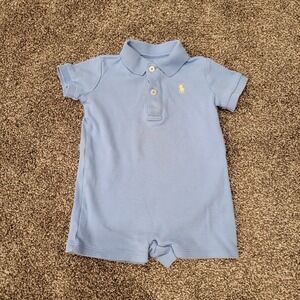 Ralph Lauren Baby Boy Light Blue Cotton Polo Romper 6M Yellow Pony Logo 66/44 70